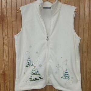 Jason Maxwell Women White Fleece Christmas Tree Embroidered Full Zip Vest Large